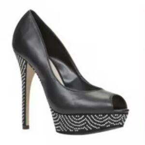 Aldo Rhinestone Black Leather Peep Toe Heels
